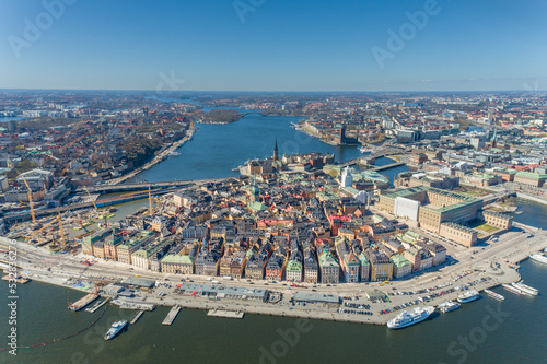 Stockholm Old Town and One of the most Famous City Island in Background. Sweden. Drone Point of View.