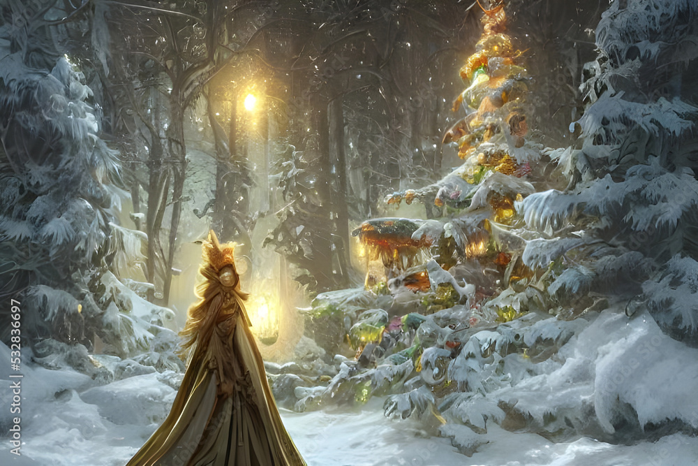 Fototapeta premium Dreamy Christmas tree with Christmas decorations in a snowy winter landscape digital painting - illustration