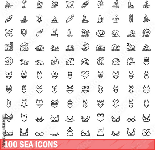 100 sea icons set. Outline illustration of 100 sea icons vector set isolated on white background