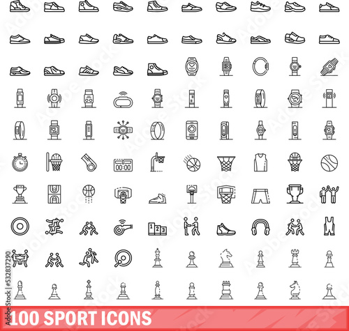 100 sport icons set. Outline illustration of 100 sport icons vector set isolated on white background