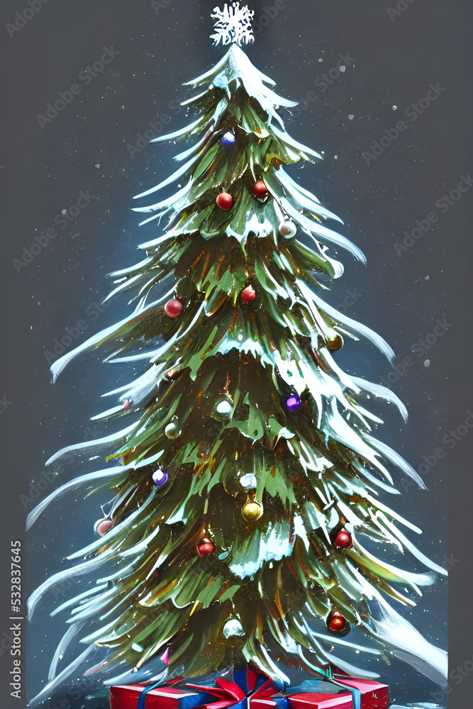 Dreamy Christmas tree with christmas decorations and presents / gifts in a  snowy winter landscape digital painting - illustration Stock Illustration |  Adobe Stock