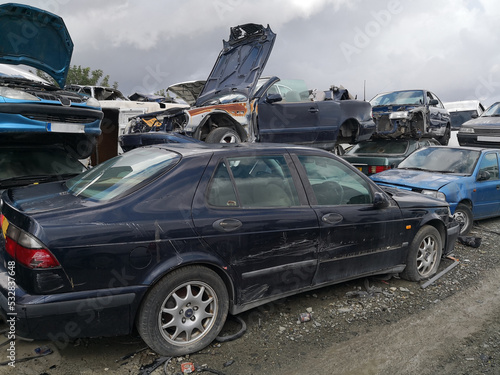 Fototapeta Naklejka Na Ścianę i Meble -  The scrap yard with old cars of crushed cars