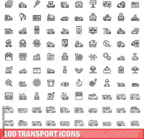 100 transport icons set. Outline illustration of 100 transport icons vector set isolated on white background