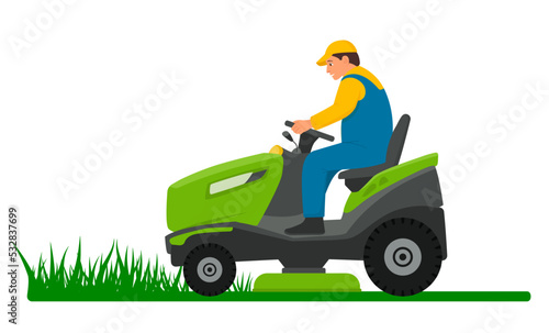 Lawn mower for mow of grass. Man on lawnmower mowing garden. Tractor ride on field. Gardener care for green. Summer gardening. Professional job in agriculture. Equipment for cut. Vector
