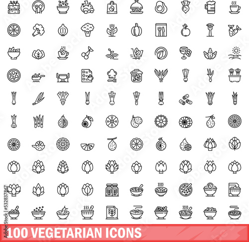 100 vegetarian icons set. Outline illustration of 100 vegetarian icons vector set isolated on white background