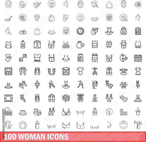 100 woman icons set. Outline illustration of 100 woman icons vector set isolated on white background