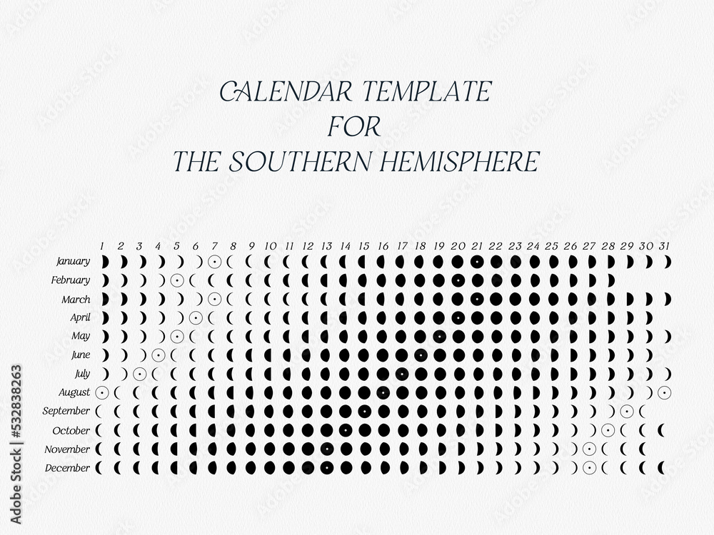 The template of the Lunar calendar 2023 for Southern Hemisphere on a white background. The template of the Lunar calendar 2023 for Southern Hemisphere on a white background.