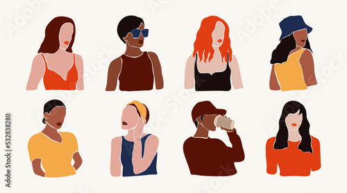Abstract women portraits set. Minimalist ladies heads different hairstyles contemporary female avatars. Hand drawn vector illustration