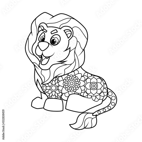Coloring book for children. Cute lion cub in zentangle style. Task for children, can be used in a book, magazine. Vector illustration