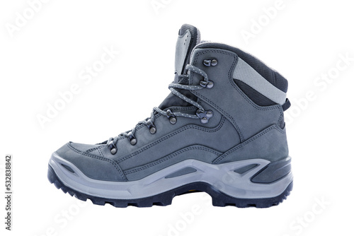 Side view of elegant brand new hiking boot, isolated on white background