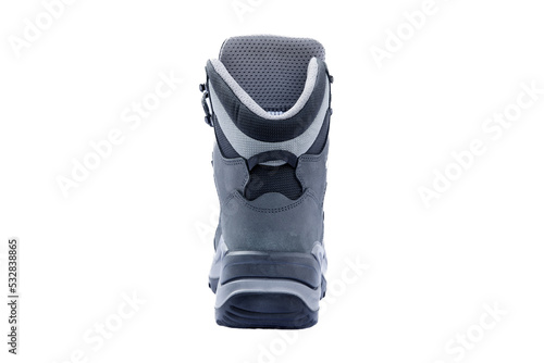 back view of elegant brand new hiking boot, isolated on white background