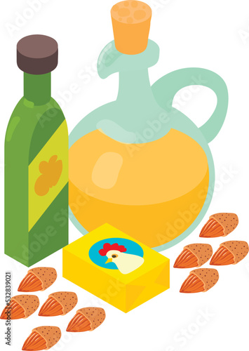 Cooking ingredient icon isometric vector. Apple vinegar, olive oil, soup seasoning. Cooking food, salad dressing