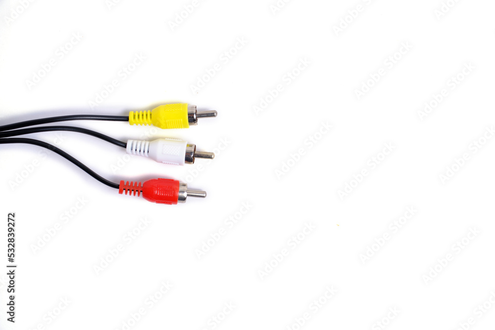 Branched wire into three plugs for connecting audio and video channels. Branched wire into three plugs for connecting audio and video channels.