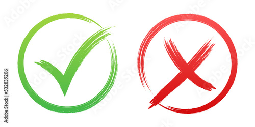 Tick and cross signs. Green checkmark OK and red X icon. Symbols YES and NO button for vote. stock illustration.