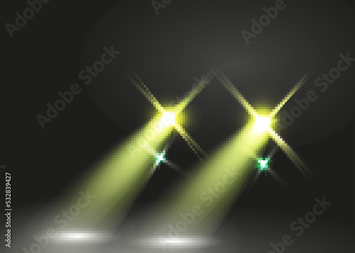 Headlights at night. The rays illuminate the road. Bright light. Night road. The car drives along the highway at night. Visibility.