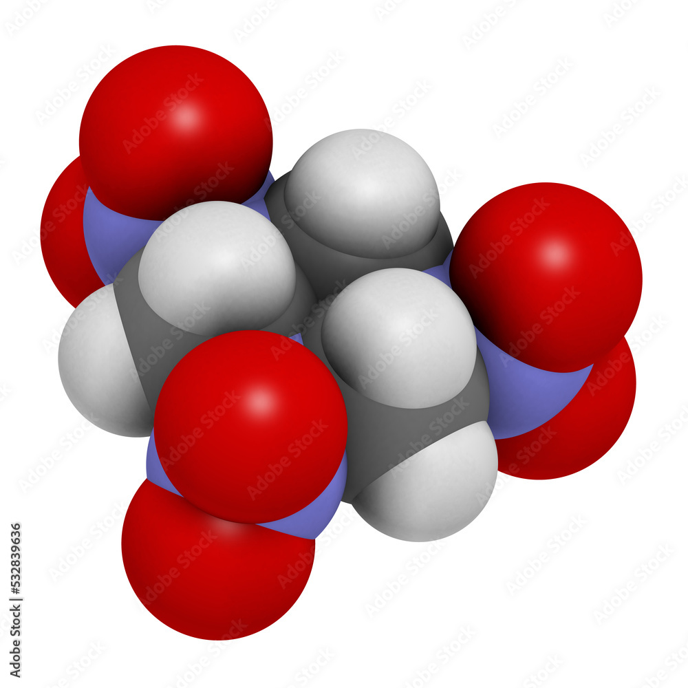 RDX (cyclotrimethylenetrinitramine) explosive molecule RDX (cyclotrimethylenetrinitramine) explosive molecule