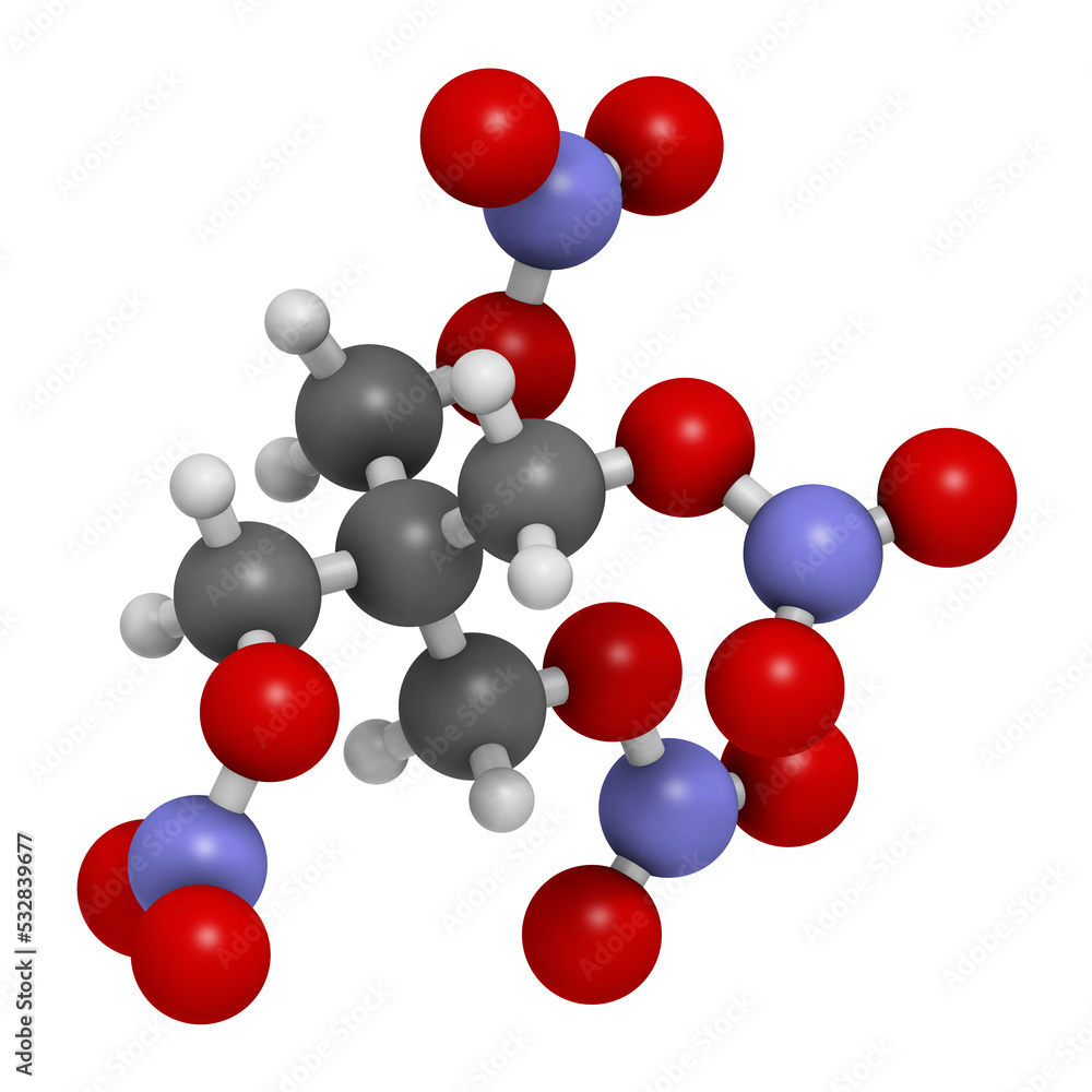 Pentaerythritol tetranitrate (PETN) explosive molecule. Also used as angina drug (nitrate class) Pentaerythritol tetranitrate (PETN) explosive molecule. Also used as angina drug (nitrate class)