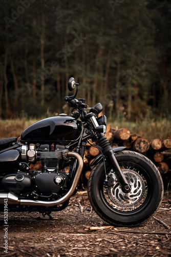 Photo of a motorcycle standing by the road. Poster
