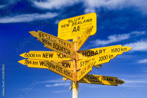 Signpost marking the southern-most point of Highway 1, New Zealand, South Island, Southland, Bluff, Stirling Point