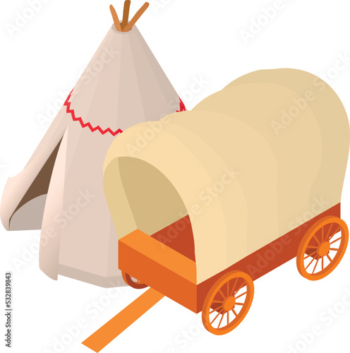 Wildwest concept icon isometric vector. Old covered wooden wagon and wigwam icon. Traditional indian dwelling and wild west transport