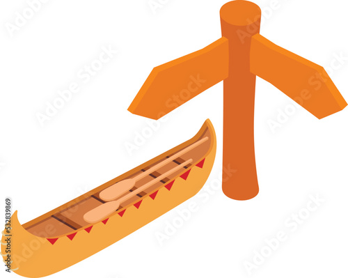 Indian canoe icon isometric vector. Traditional retro canoe and wooden road sign. Native american water transport