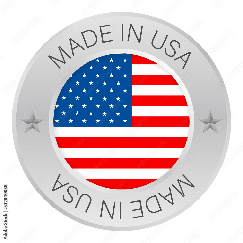 Glossy metal badge icon, made in USA with flag. stock illustration. Glossy metal badge icon, made in USA with flag. stock illustration.