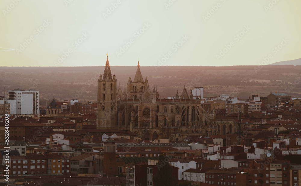sunset over the cathedral in León, Spain