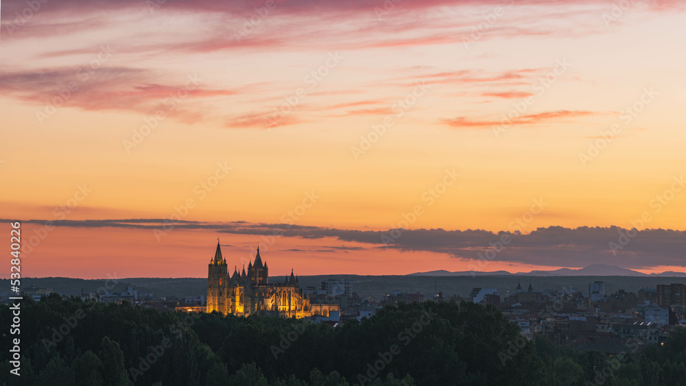 sunset over the cathedral in León, Spain sunset over the cathedral in León, Spain