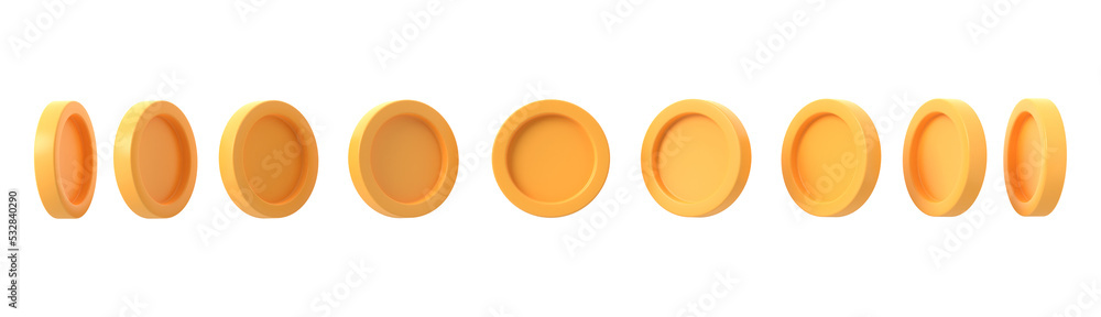 3d set of gold coins in different positions. illustration in a ...
