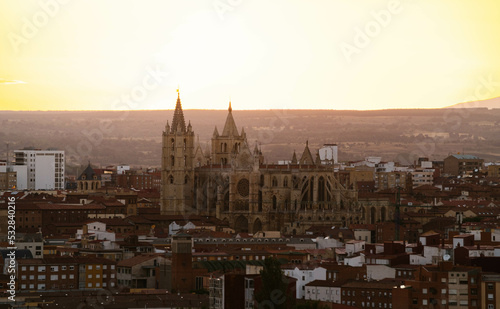 sunset over the cathedral in Le  n  Spain