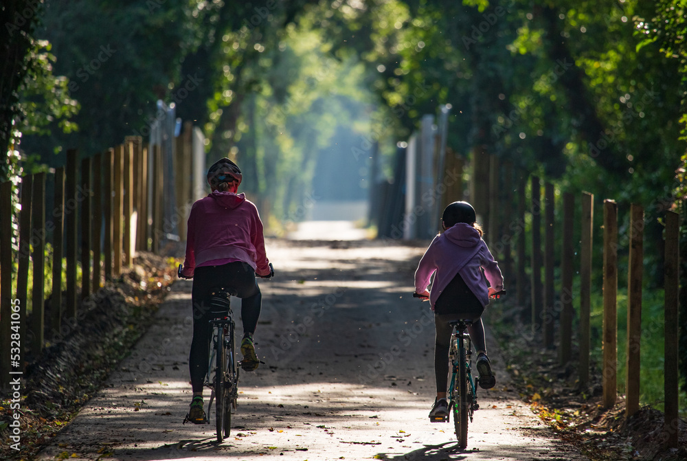 mother and daughter cycling through a park on a bike path, morning sunlight shining through trees mother and daughter cycling through a park on a bike path, morning sunlight shining through trees