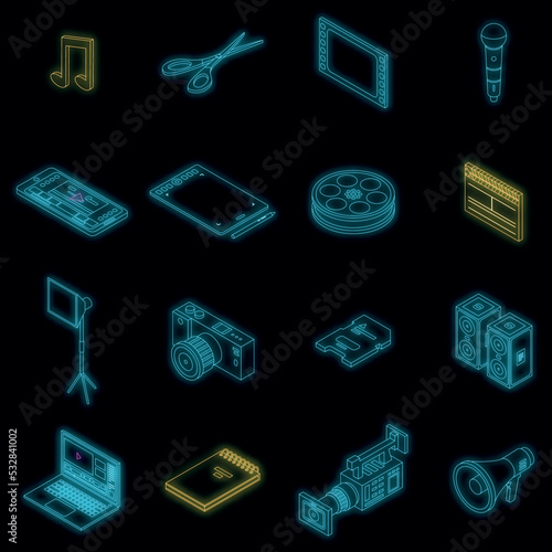 Video editing icons set. Isometric set of video editing vector icons neon color on black