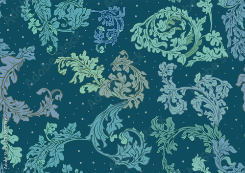 Decorative flowers and leaves in art nouveau style, vintage, old, baroque style. Seamless pattern, background. Vector illustration.