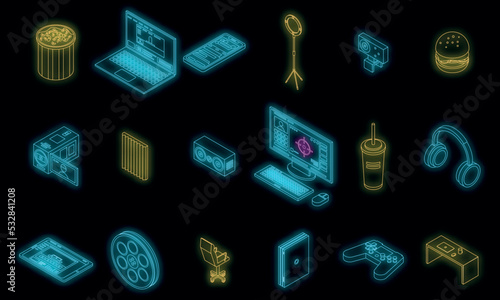 Stream icons set. Isometric set of stream vector icons neon color on black