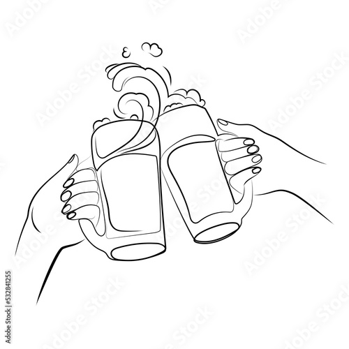 Two hands clinking beer mugs with a splash of foam Line drawing black and white illustration.Hands with beer mugs sketch drawing for web, poster, invitation to party oktoberfest festival 