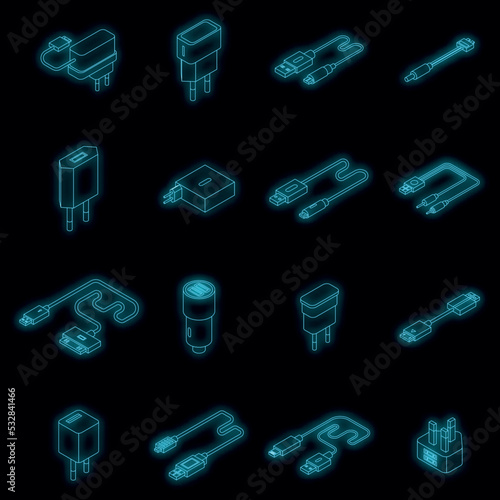 Charger icons set. Isometric set of charger vector icons neon color on black