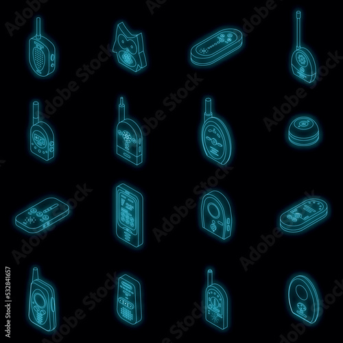 Baby monitor icons set. Isometric set of baby monitor vector icons neon color on black