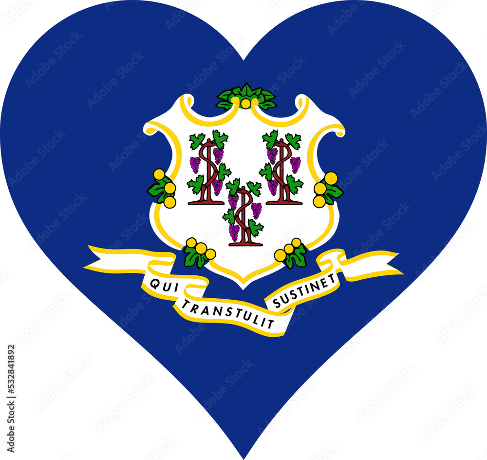 Fototapeta premium Connecticut USA Heart Flag. CT US Love Shape State Flag. Connecticut United States of America Banner Icon Sign Symbol Clipart. Transparent PNG Flattened JPEG JPG.