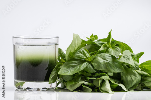 Chlorophyll extract and basil is poured in pure water in glass against a white background and green organic basil herbs. Growing fresh plants, healthy food. Concept of superfood, detox and diet