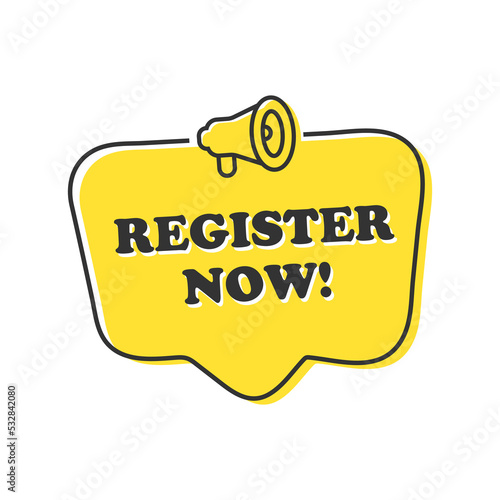 register now on speech bubble