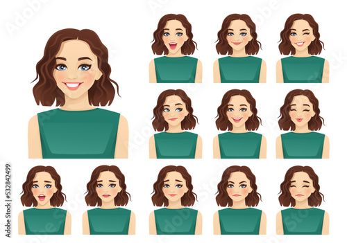 Young woman with short haircut different facial expressions set isolated vector illustration
