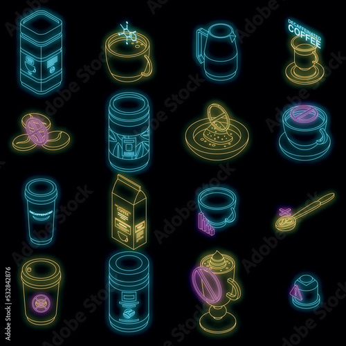 Decaffeinated coffee icons set. Isometric set of decaffeinated coffee vector icons neon color on black
