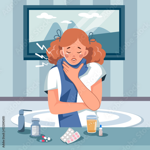 A red-haired woman in a warm scarf has a sore throat. A girl with a sore throat in her apartment