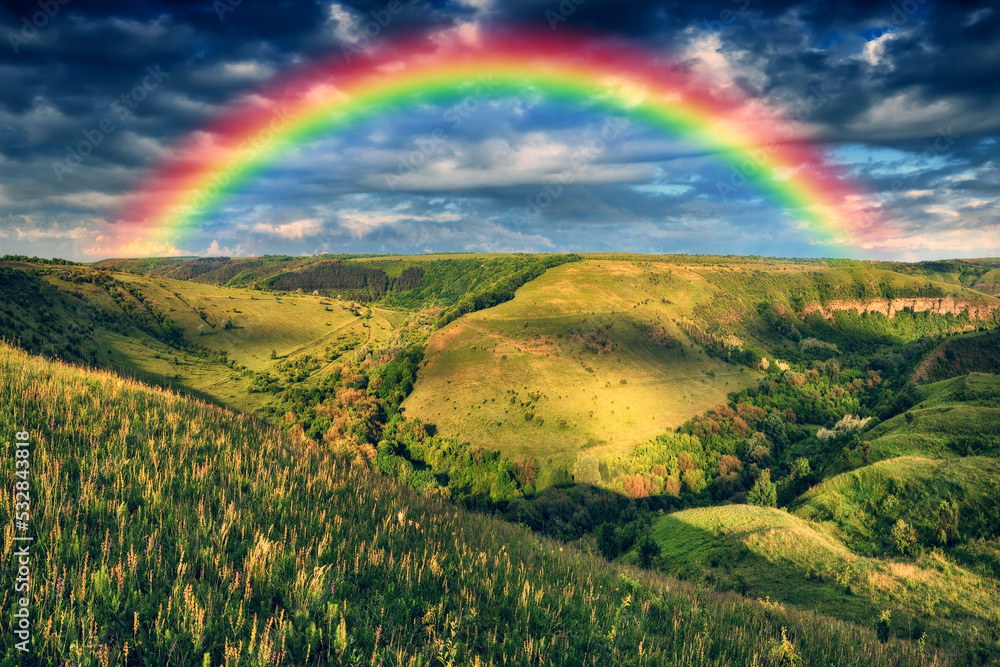 Fototapeta premium Beautiful landscape with a rainbow in the sky. spring landscape