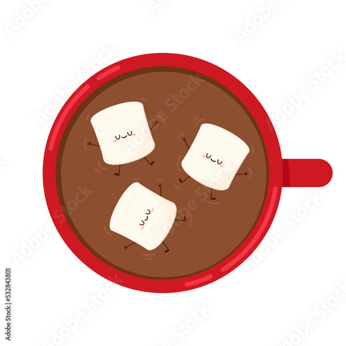 Funny Marshmallows characters  and cup of chocolate drink. Marshmallows character design. Dessert cartoon.