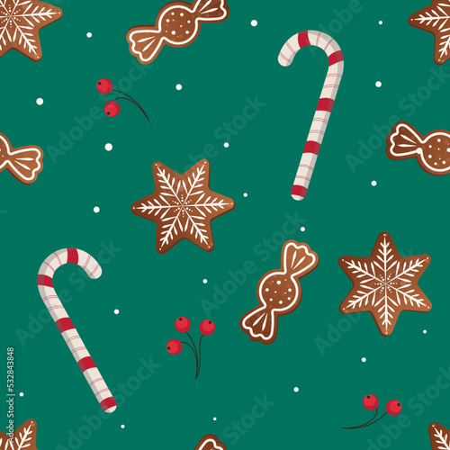 Gingerbread pattern. Festive background with cookies, Christmas tree, candies, gift box. Vector illustration in flat style