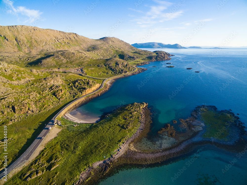 Aerial view of Selvika bay and Sandbukta beach at Havoysund scenic route, Norway