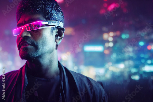 cyberpunk sri lankan man wearing laser shades digital illustration, created with generative ai photo