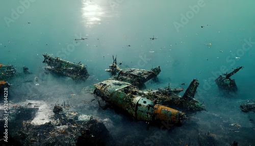 This is a 3D illustration of Truk Lagoon, A eroded fleet of underwater fighter planes. photo