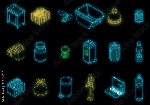Waste icons set. Isometric set of waste vector icons neon color on black
